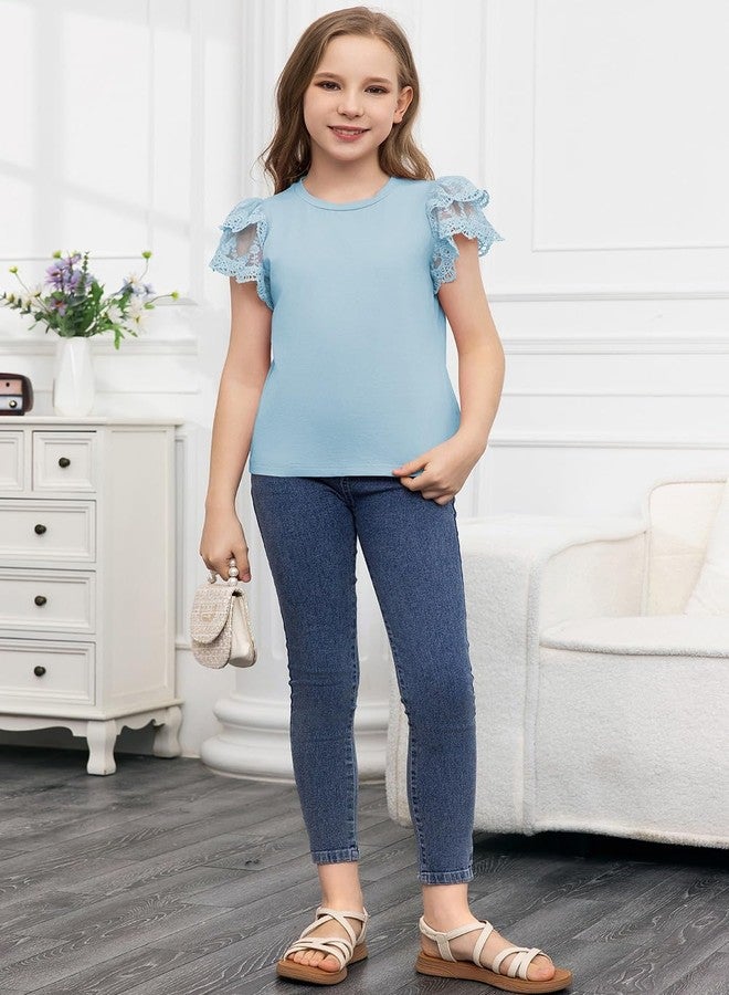 blibean Teen Girl Shirts Preteen Kid Girls Blouse Summer Short Sleeve Flowy Dress Tops Fashion Casual Dressy Clothes Fancy Solid Blouse Size 10-11 Year Old Light Blue - Image 4